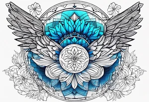 Linear minimalistic metatron , with abstract floral patern in blue linear design tattoo idea