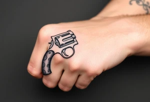 Actual size Revolver .45 caliber elegant but simple art work on gun. With barrel being pointer finger and but of gun near wrist. tattoo idea