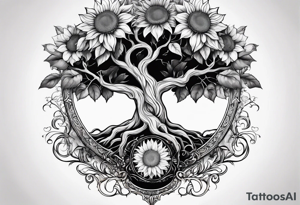 Feminine Yggdrasil tree with two sunflowers tattoo idea