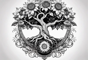 Feminine Yggdrasil tree with two sunflowers tattoo idea