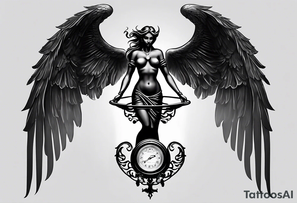 A detailed balance scale tattoo features an elegant angel on one side, holding a glowing orb, with flowing robes and majestic wings symbolizing purity and peace. On the opposite side, a dark, menacing demon with fiery eyes and sharp claws grips the other pan, representing chaos and temptation, creating a striking contrast between good and evil. tattoo idea