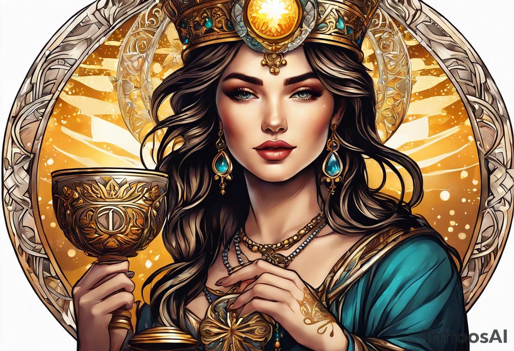 woman holding chalice surrounded by golden halo tattoo idea