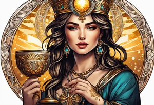 woman holding chalice surrounded by golden halo tattoo idea