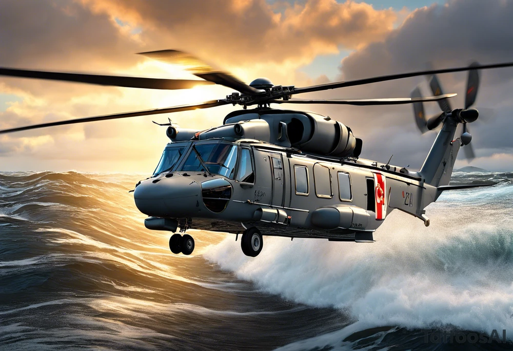 A detailed 4K drawing of a Canadian military grey CH-148 Cyclone helicopter soaring low over rough, ocean waves. The sun is setting, casting a dramatic glow on the scene with realistic clouds and a specular reflection of the helicopter on the water. The helicopter should be the main focus, with intricate details and a sense of motion. In the background, a poppy be prominently displayed tattoo idea