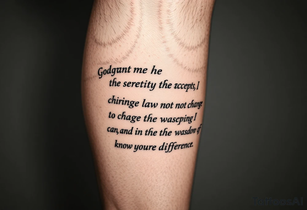 Generate a leg tattoo doing down the side of leg all the way down saying  “god grant me the serenity to  accept the things I can not change courage to change the things I can and the wisdom to know the difference” put god , serenity , courage, and wisdom in red tattoo idea