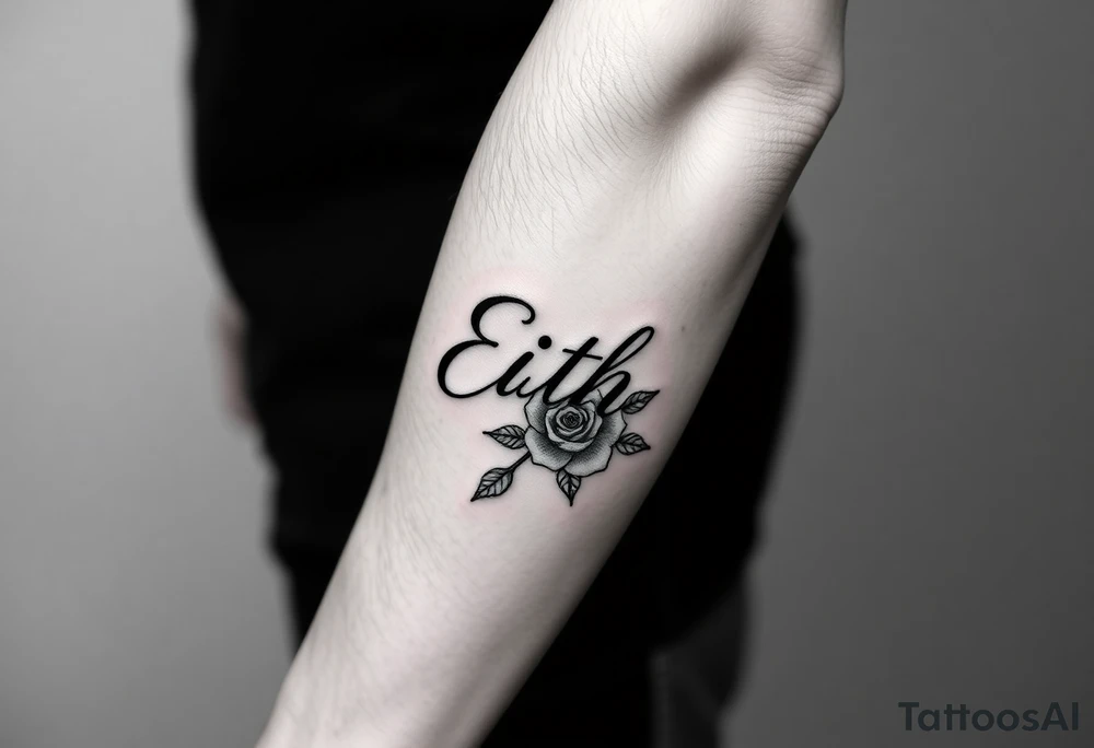 Edith tattoo with a cursive e with a rose half-sleeve tattoo idea