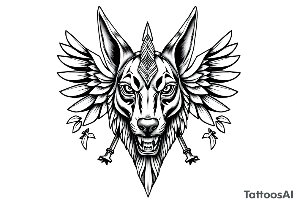 Egyptian Anubis god face muscle in Egypt style dog face surrounded Egyptian symbols based on elements tattoo idea
