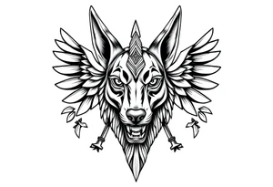 Egyptian Anubis god face muscle in Egypt style dog face surrounded Egyptian symbols based on elements tattoo idea