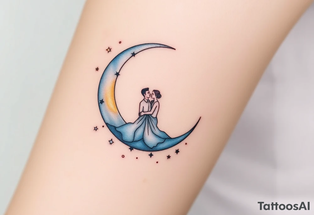 A crescent moon with a couple sitting together, wrapped in a starry sky. The moon is softly glowing with shades of silver and pale gold, with intricate dotwork creating a shimmering effect. Surrounding the moon, tiny stars twinkle in varying shades of soft blue, white, and silver, adding depth and magic to the design. The couple is outlined in minimalistic line work, with gentle shading to create a serene and intimate atmosphere. tattoo idea
