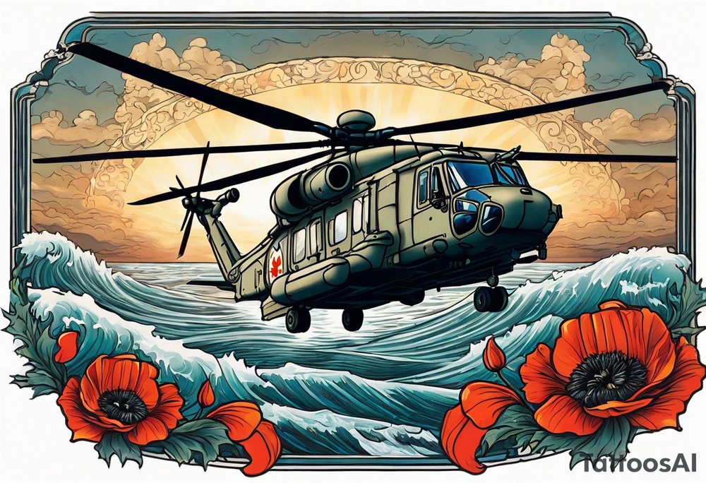 A cinematic-style tattoo depicting a Canadian military CH-148 Cyclone helicopter performing a daring maneuver over a turbulent ocean. The sky should be filled with dramatic clouds, and the sun should be setting, casting long shadows. The helicopter should be the main focus, with intricate details and a sense of motion. In the background, a poppy should be prominently displayed, and a quote from 'Lest We Forget' should be included, black and white tattoo tattoo idea