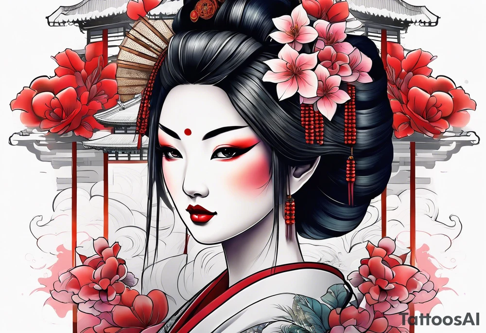 geisha girl that is also a Japanese waterfall tattoo idea