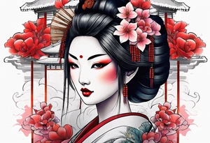 geisha girl that is also a Japanese waterfall tattoo idea