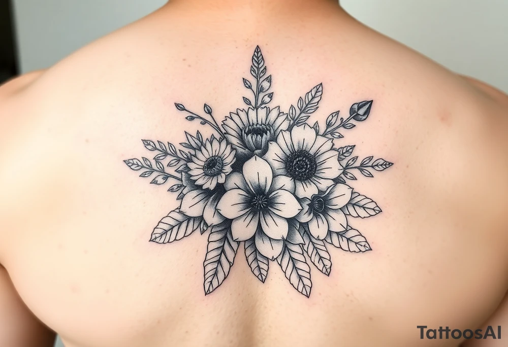 Bouquet of birth flowers of months of march April may July September and October tattoo idea