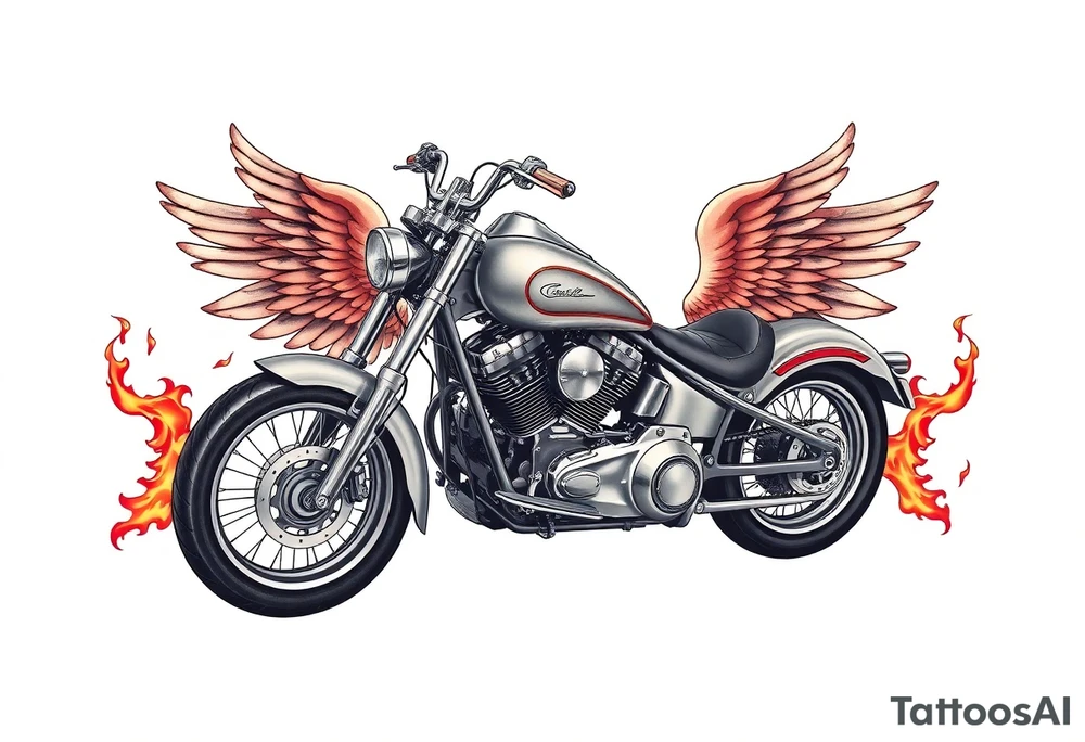 Low rider grey motorcycle, big muffler pipes with flames, angel wings tattoo idea
