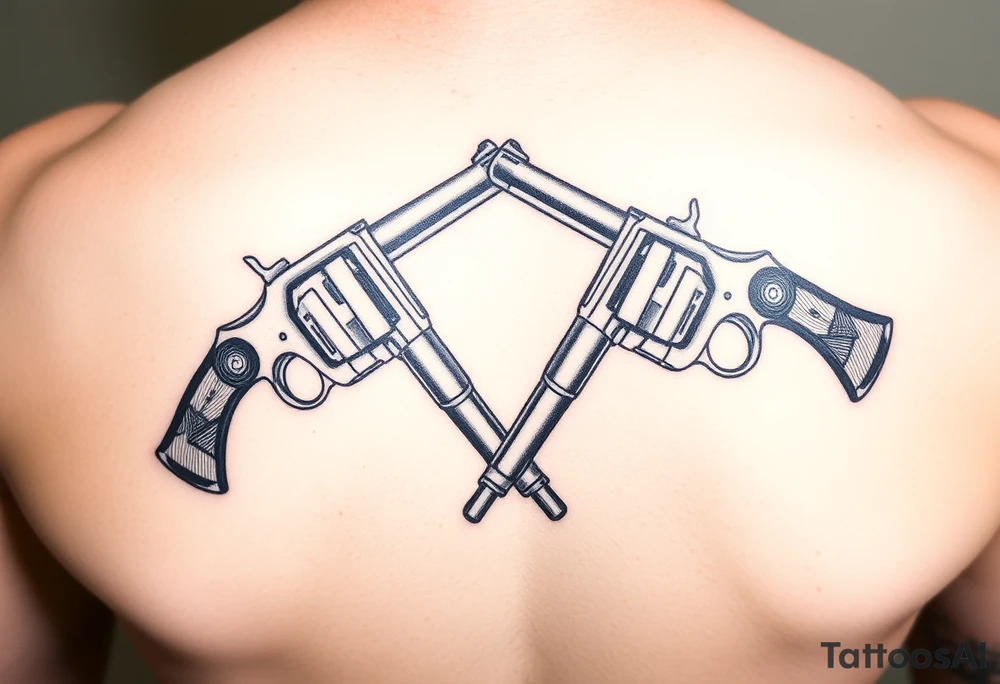 2 revolvers with wooden handles crossing pointing down tattoo idea