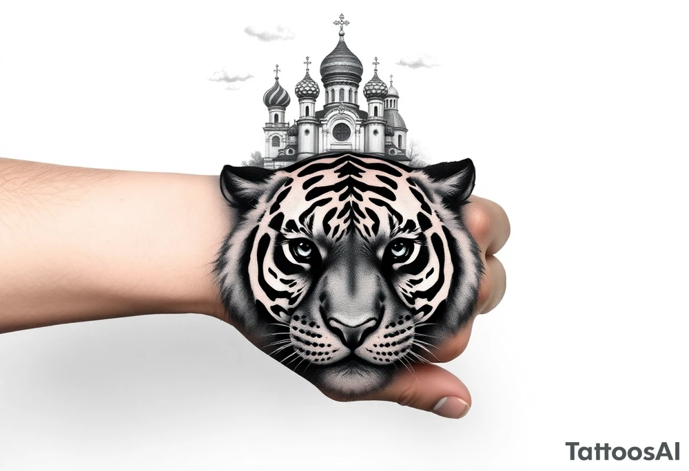 Realistic tiger face on the back of the hand with its eyes ALL black and no pupils, sitting beneath a Russian Orthodox cathedral sitting above on the top fore arm with onion domes and orthodox crosses. with clouds above and a virgin mary tattoo idea
