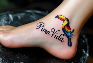 Calligraphic “Pura Vida” framed by a colorful toucan with vibrant yellow, red, and deep blue feathers. tattoo idea