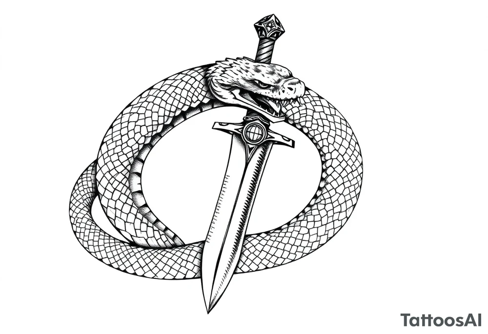 mystical snake coiled around an ancient dagger with jeweled hilt tattoo idea
