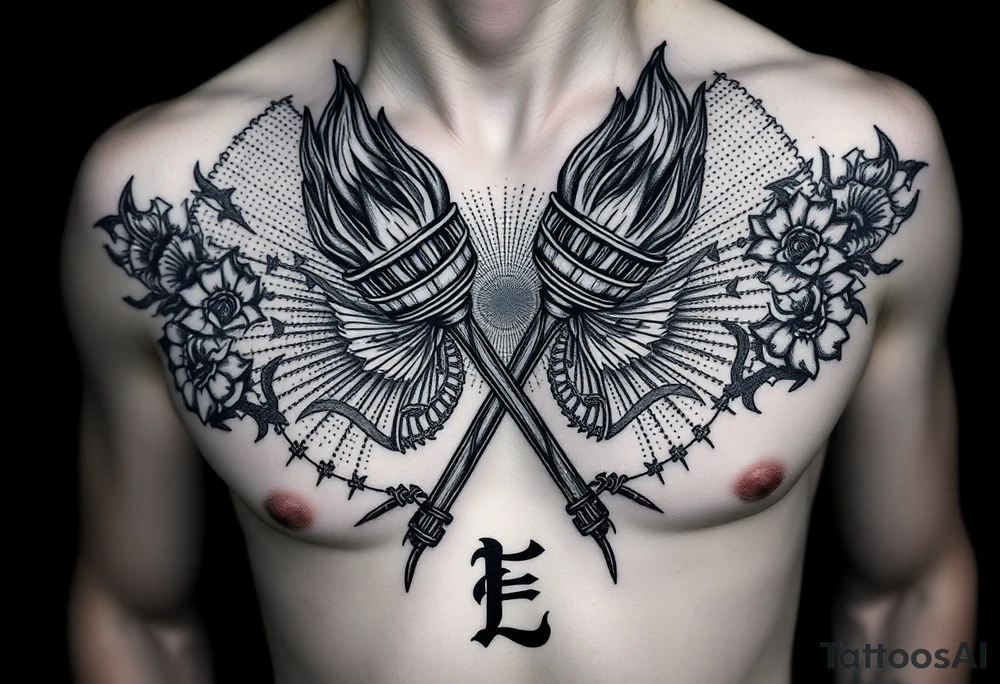 Large blackwork chest and neck tattoo. Two big crossed torches in the center of the chest, tightly wrapped in detailed barbed wire. Intense black flames rise upward from the torches, going high above the neck. The tattoo is massive, fully filled, no empty space. Background filled with dotwork, radial patterns, dark textures similar to the attached reference style. Strong geometric and ornamental filling along the collarbones. At the bottom, large bold letters 'БЛЦС' in a heavy gothic or blocky blackwork font. Entire tattoo done only in black ink, very high detail, dramatic, brutal, symmetrical composition, blackwork / dotwork / engraving style. tattoo idea