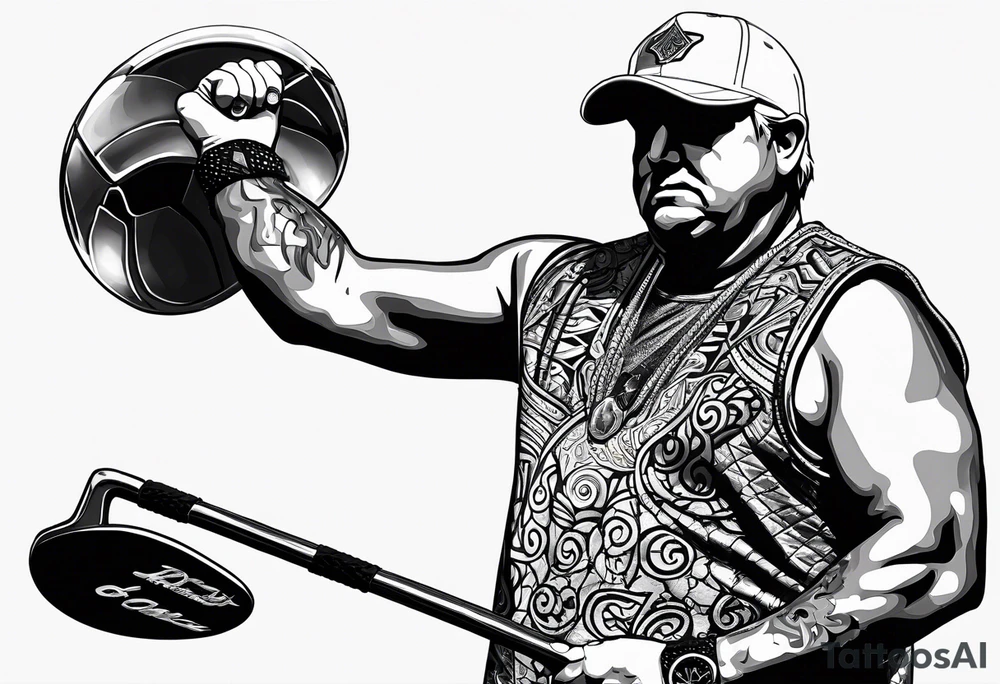 John Daly wearing the Infinity Gauntlet on one hand and holding a putter on the other hand. tattoo idea