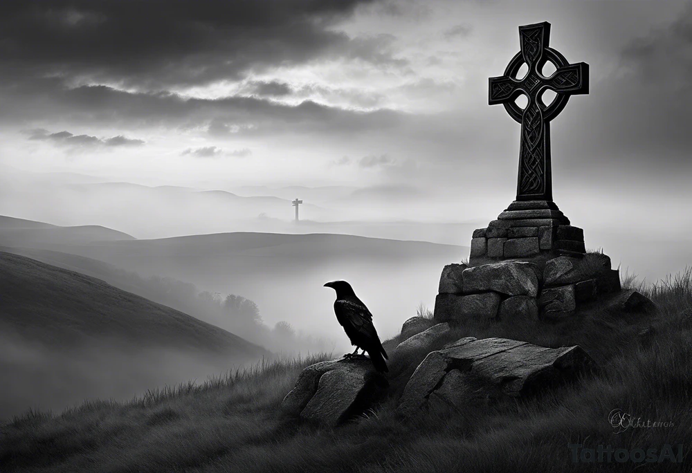 A stone Celtic cross solemnly standing atop a hill, a raven perches atop the cross staring out over the desolation. A ruined stone wall lies crumbling near the cross. Mist rolls along the hilltops adding to the melancholic nature of the scene tattoo idea