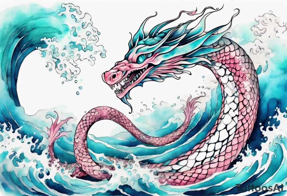 a turquoise and white and pink sea serpent with beautiful eyes rising from the blue waves of the ocean tattoo idea