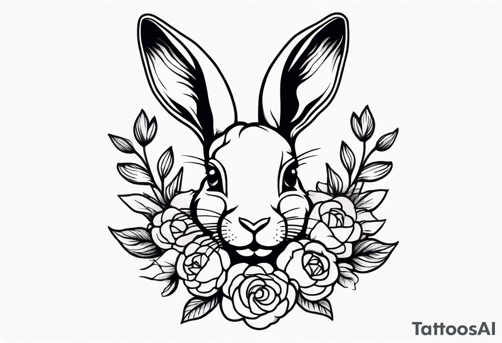 Realistic rabbit head and flowers tattoo idea