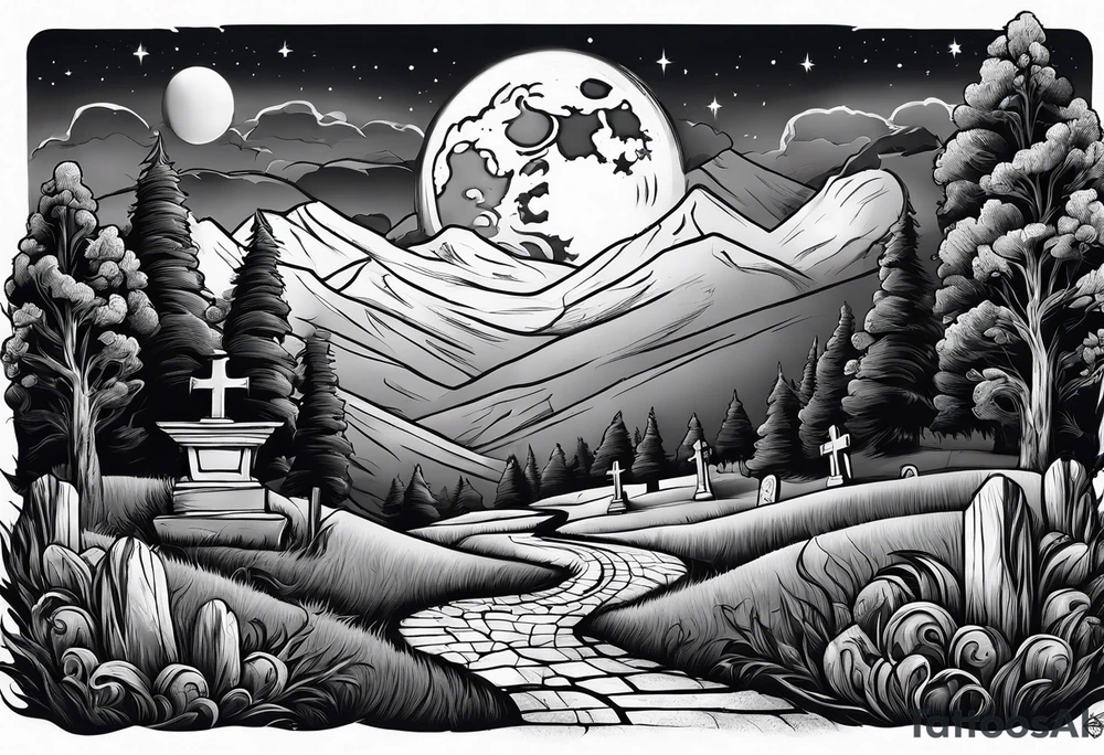 Graveyard with moon and smoke  on hills tattoo idea