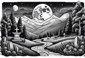 Graveyard with moon and smoke  on hills tattoo idea