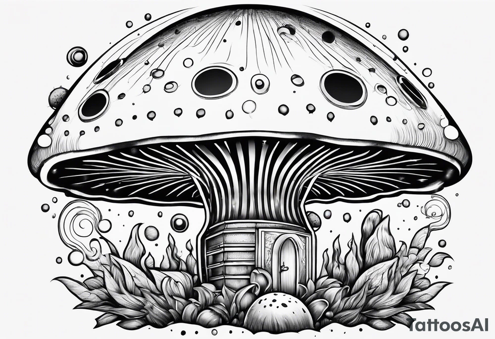thin mushroom rocketship with fire coming out the bottom bursting out of bubble tattoo idea