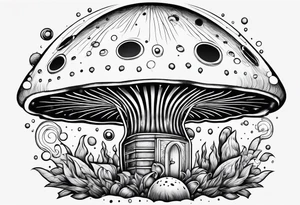 thin mushroom rocketship with fire coming out the bottom bursting out of bubble tattoo idea