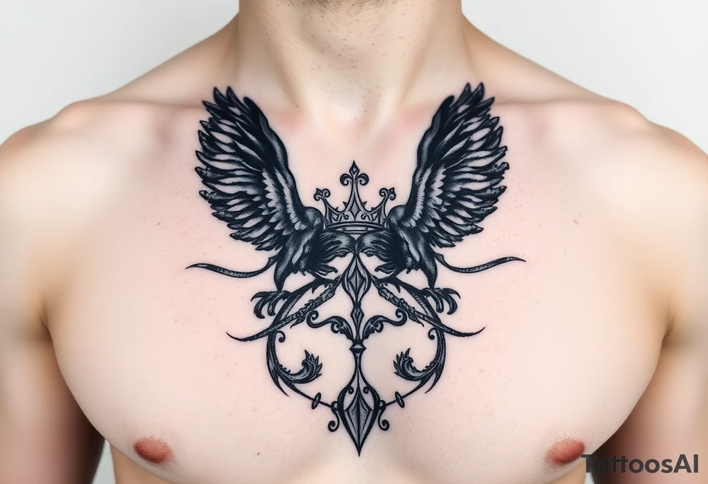 Chest tattoo, two ravens and icelandic symbols, dark brest tattoo, crown betwen ravens tattoo idea
