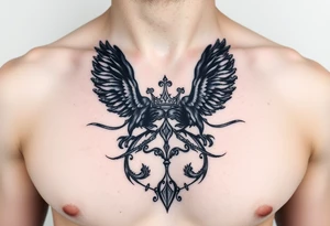 Chest tattoo, two ravens and icelandic symbols, dark brest tattoo, crown betwen ravens tattoo idea
