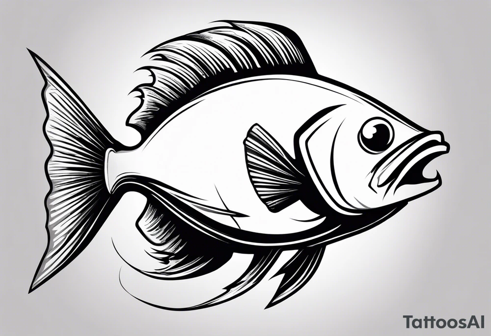 a cartoon fish with sharp, pointed fins and a streamlined body. Its eyes are narrowed with intense, angry brows, and its mouth is twisted into a snarl, showing sharp teeth. The overall appearance is aggressive and intimidating, conveyed through stark black and white contrasts. tattoo idea