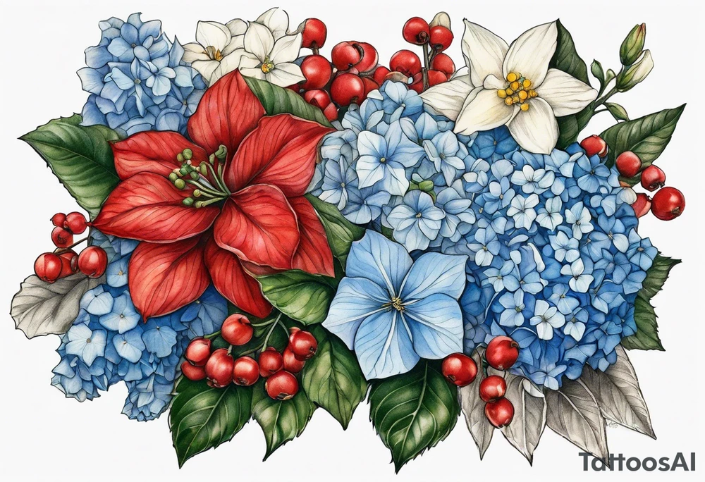 Blue Hydrangea, Narcissus, Poinsettia, Holly, Gladiolus, Poppy, Daisy, Sweet Pea floral bouquet tattoo idea