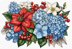 Blue Hydrangea, Narcissus, Poinsettia, Holly, Gladiolus, Poppy, Daisy, Sweet Pea floral bouquet tattoo idea