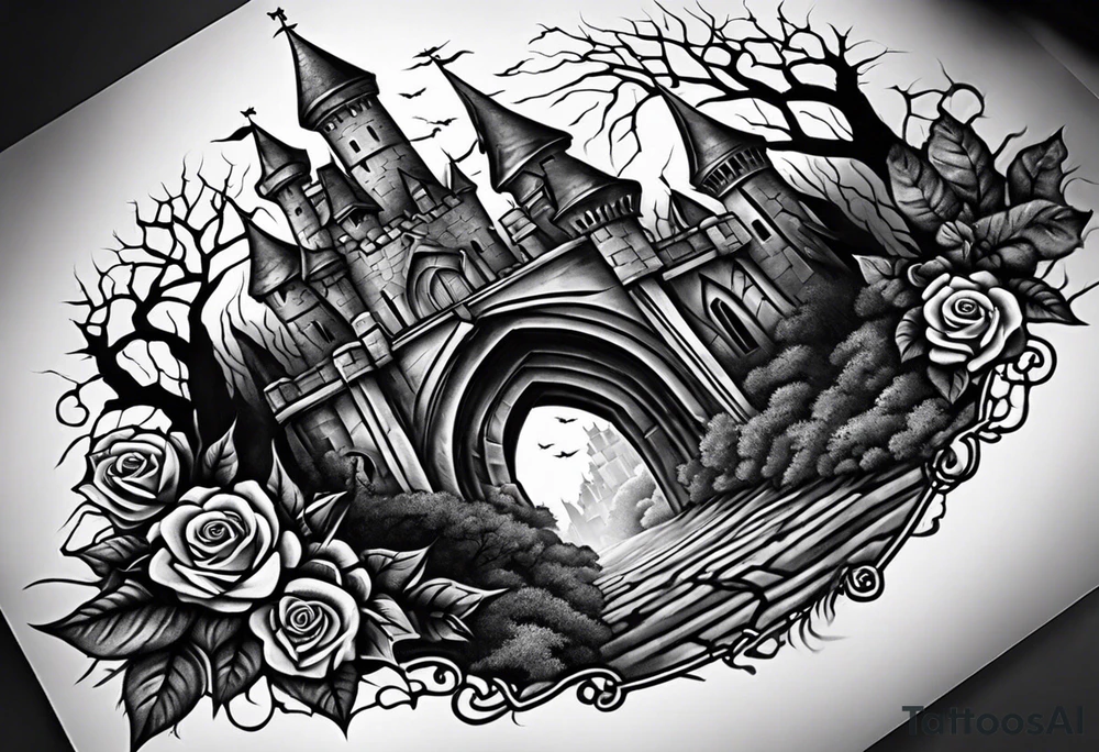 tattoo fool sleeve, destroyed dark gothic castle, tree roots break out of the chains, roses tattoo idea