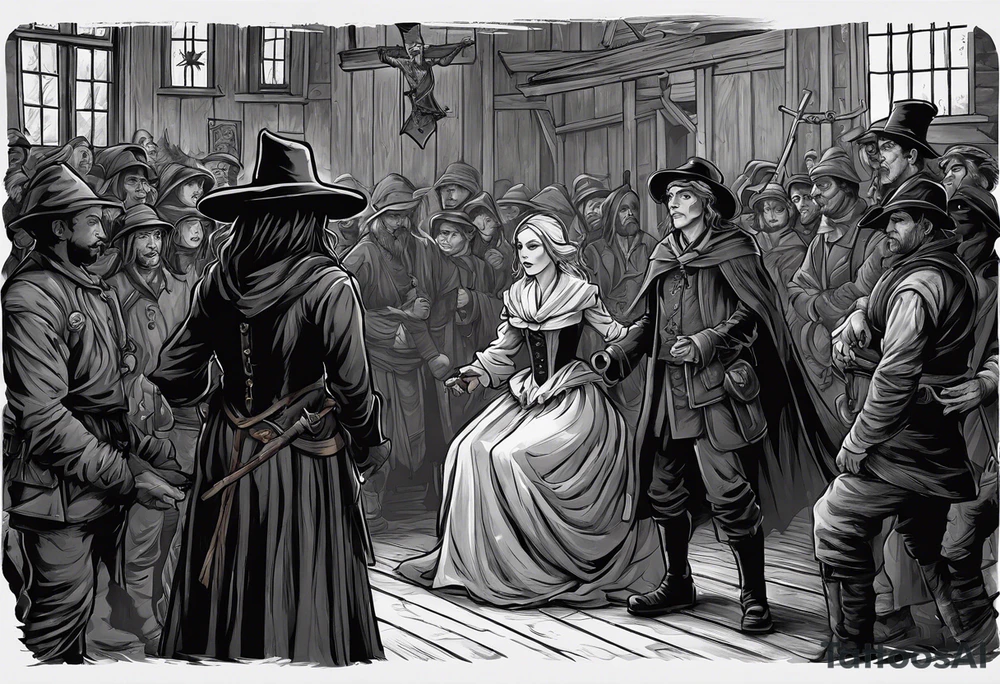 The accusation of a witch in the Salem trials. An otherwise quiet member of the community is accosted by a crowd, perhaps with a member of the clergy and a soldier of some kind present to take them into custody. tattoo idea