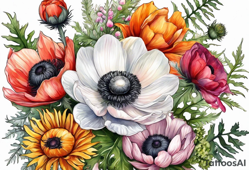 a white anemone with black center with thistles, ferns, sun flowers, red flowers, pink flowers, orange flowers, yellow flowers in watercolor tattoo idea