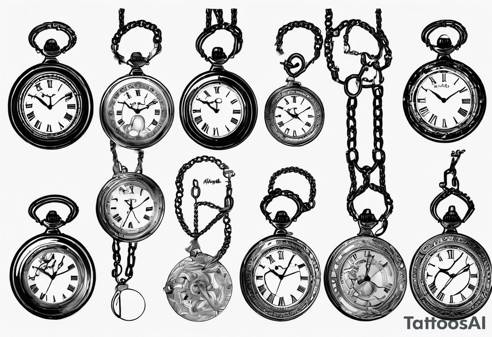 Pocket watch with chain, Roman numerals, date in Roman numerals inside timepiece, classic, elegant, traditional tattoo idea