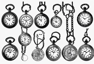 Pocket watch with chain, Roman numerals, date in Roman numerals inside timepiece, classic, elegant, traditional tattoo idea