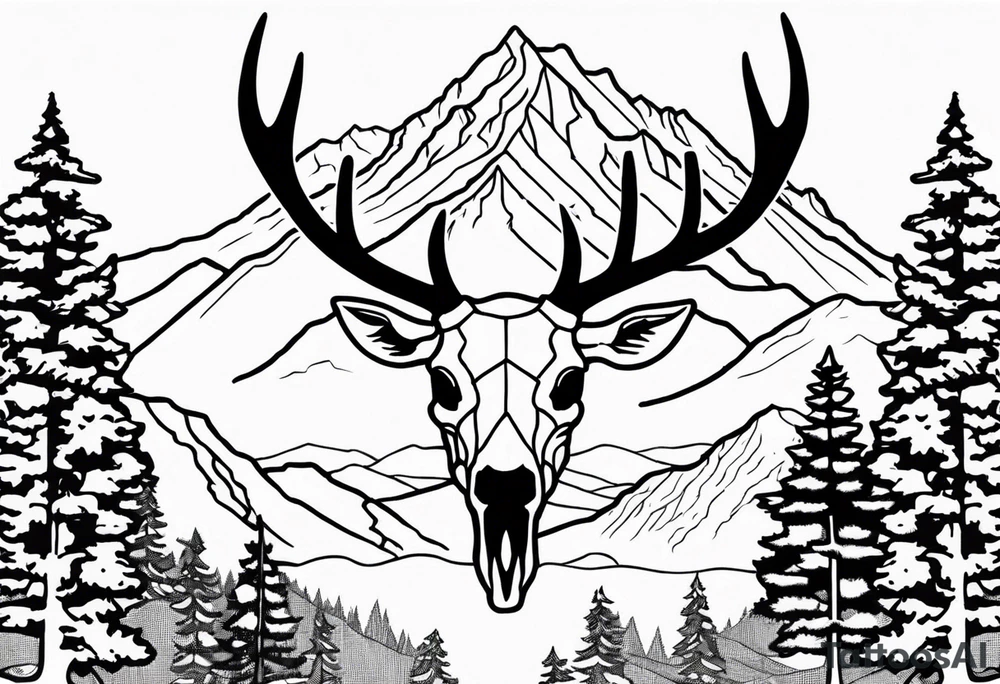 elk skull with mountains and trees tattoo idea