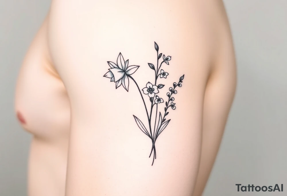 Feminine daffodils, Lily of the valley and larkspur bouquet tattoo idea