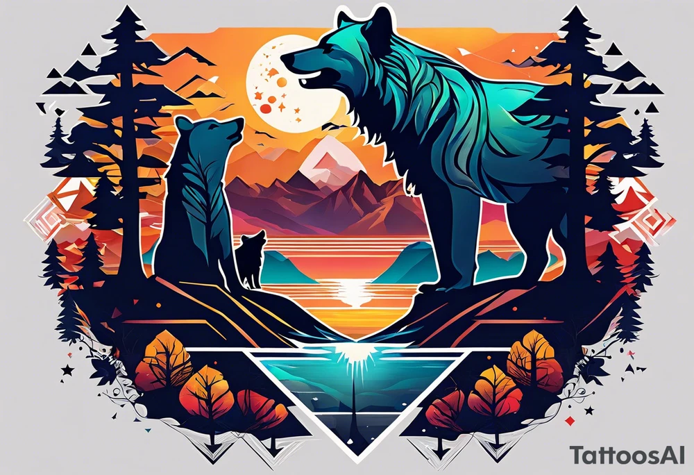 I need to create a sleeve tattoo from shoulder to wrist. The design should include space, stars, forest, sunset, mountains, cliffs, waterfall, water, ocean, wild animals (bear, wolves, elephant), and inserts of triangles and geometric figures. I have two children – a son, Sergei (the eldest), and a daughter, Anna, who live with me and my wife. But I also have another daughter, Marianna, whom I haven't seen for a long time and eagerly await to meet. The tattoo should symbolize love and protection for my children and family, the desire to secure their future, and confidence in tomorrow. It should reflect the notion of not looking back, but always moving forward and achieving goals! tattoo idea