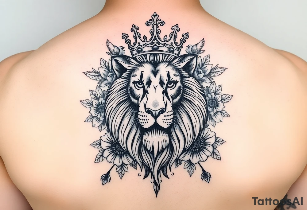 powerful majestic lion with a crown, surrounded by floral ornaments and birds tattoo idea