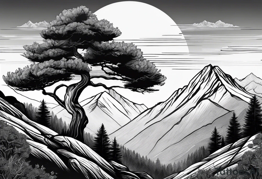 large trees on the side of mountain with mountains and sun tattoo idea