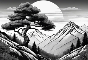 large trees on the side of mountain with mountains and sun tattoo idea