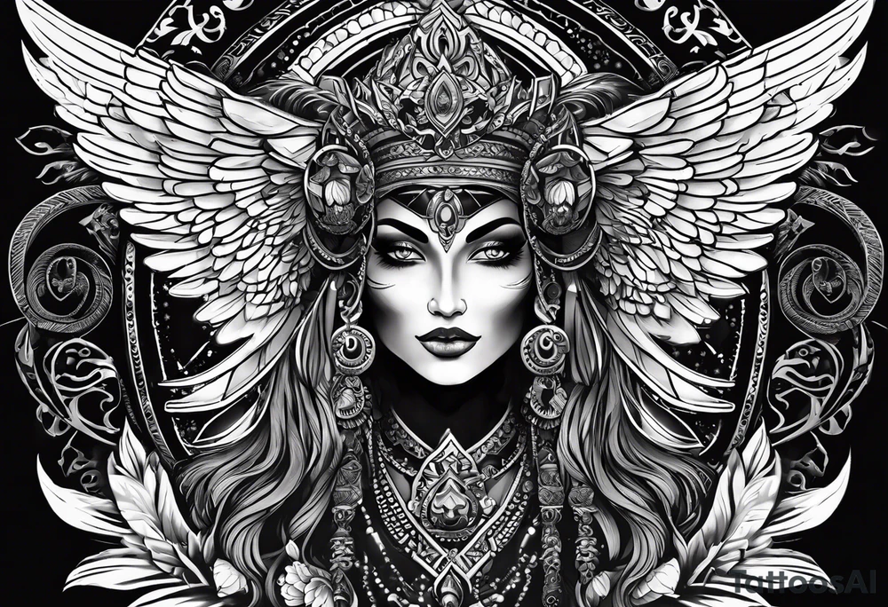 black kali, goddess pirate, alien, angel, pachamama, valkrye, warrior, flying, skull, lotus azul, wing, eagle, zenza resonance, stars, 5D, anahata chakra tattoo idea