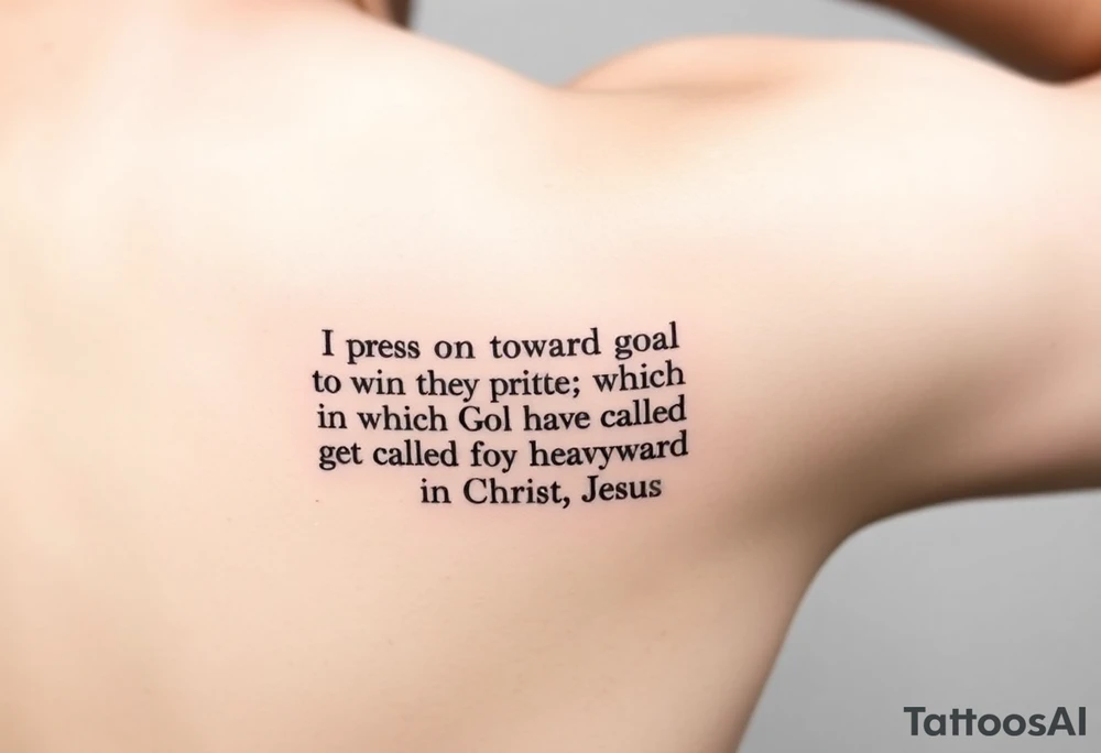 Minimalist tattoo on inner bicep. Mostly text of Philippians 3:14: I press on toward the goal to win the prize for which God has called me heavenward in Christ Jesus. Some design element tattoo idea