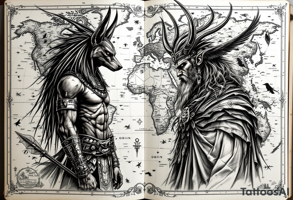 Design a full-back tattoo in a hyper-realistic style. The central background is a detailed geographical map, showcasing continents, oceans, and subtle topographical details, blending seamlessly into the composition. On the left side, Anubis, the ancient Egyptian god of the afterlife, is depicted in striking realism, standing tall with a jackal head, wearing traditional Egyptian armor and holding an ankh and a scepter. On the right side, Odin, the Norse Allfather, is shown in battle, wielding his spear Gungnir, with his ravens, Huginn and Muninn, flying around him. Odin’s intense expression and flowing cloak contrast with Anubis's stoic, watchful presence. The two figures face each other across the map, creating a dynamic tension, as if representing two powerful mythologies guarding the world. The design incorporates fine details and shading to bring depth and texture to the tattoo, emphasizing realism and artistry tattoo idea